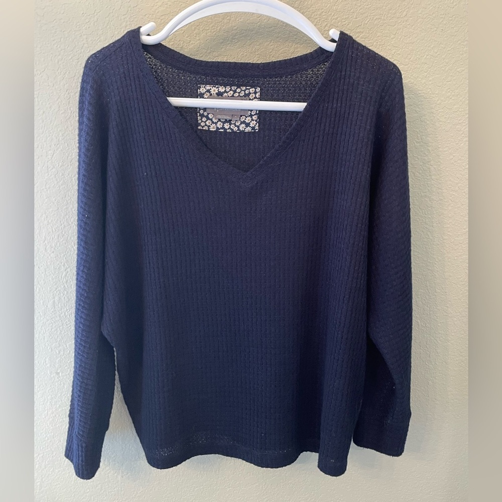 Anthropologie Women's Sweater Medium Navy Blue V-Neck Business Casual Minimalist